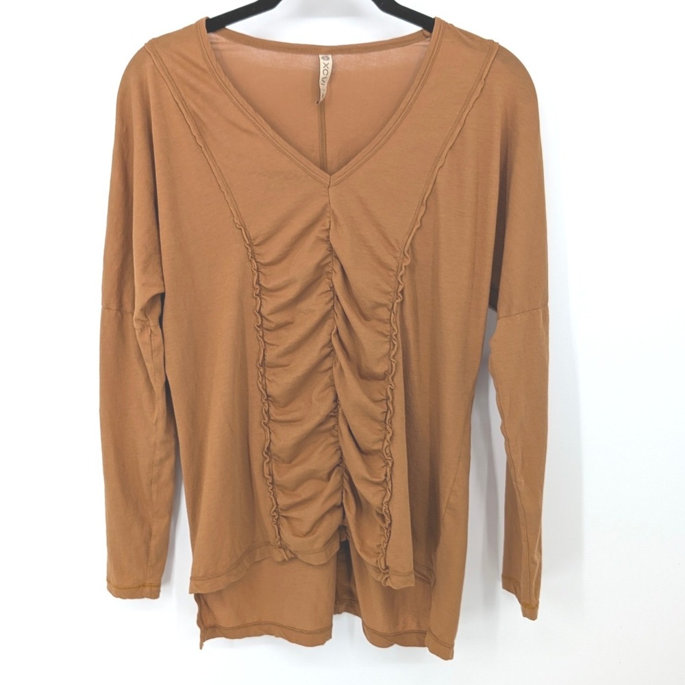 XCVI Ruched V-Neck Top Womens XS Tan Long Sleeve Cotton Boho Earthy Lightweight